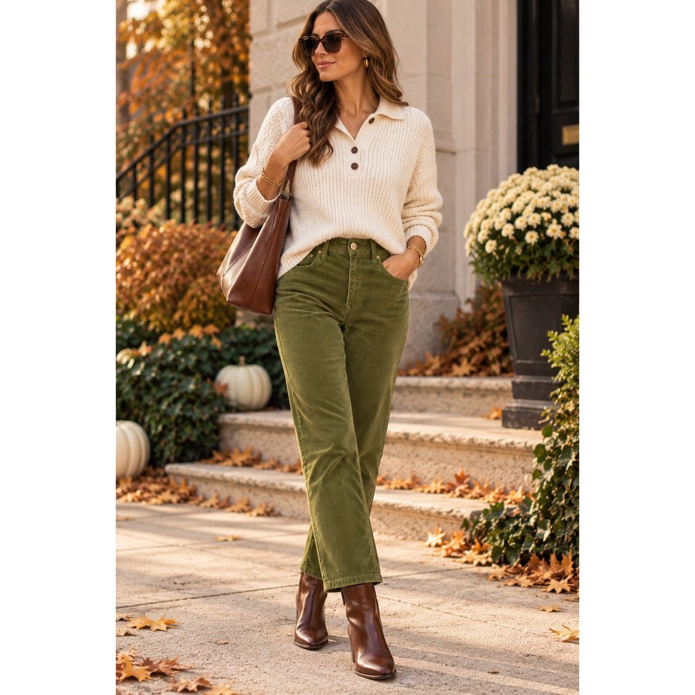 J.Crew Women Olive Green Corduroy Straight Leg Pants Size 27 High Rise 5-Pocket